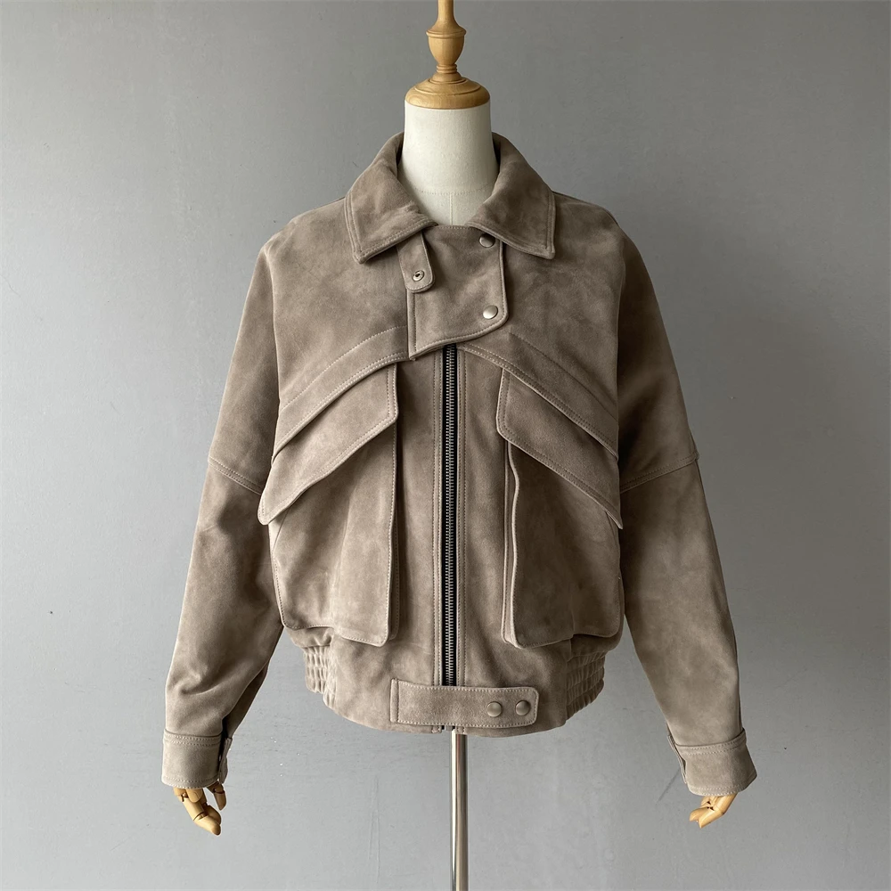 Jaxmonoy jaqueta de couro de camurça real para mulheres 2025 outono nova chegada casaco de pele de carneiro oversized senhora moda jaquetas de couro genuíno