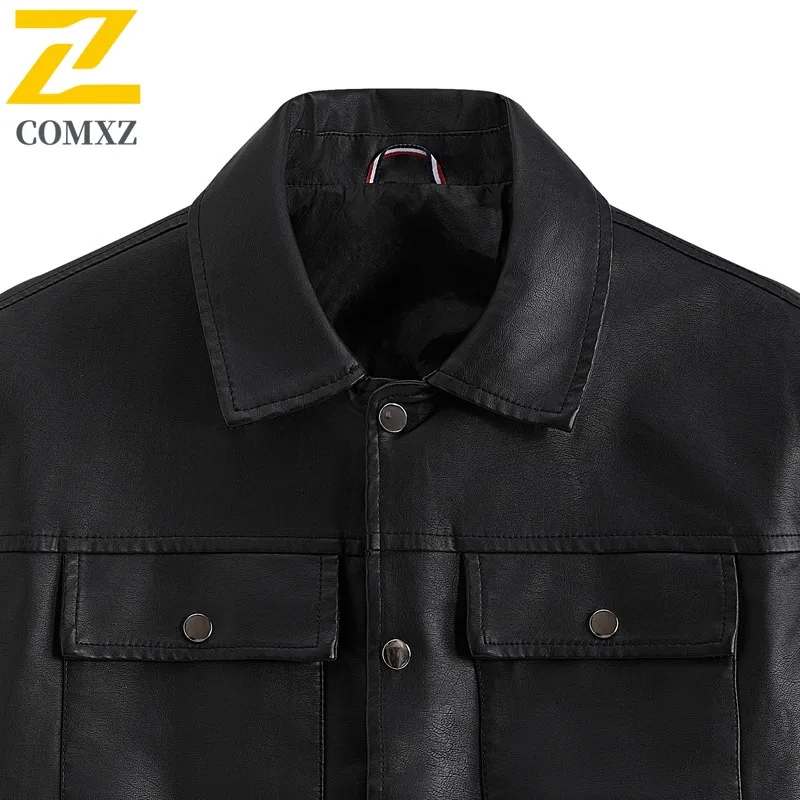 سترة جلدية كاجوال بياقة واقفة للرجال من COMXZ، معطف مريح لركوب الدراجات في الهواء الطلق، معطف جلد خريفي خفيف الوزن للسفر #2