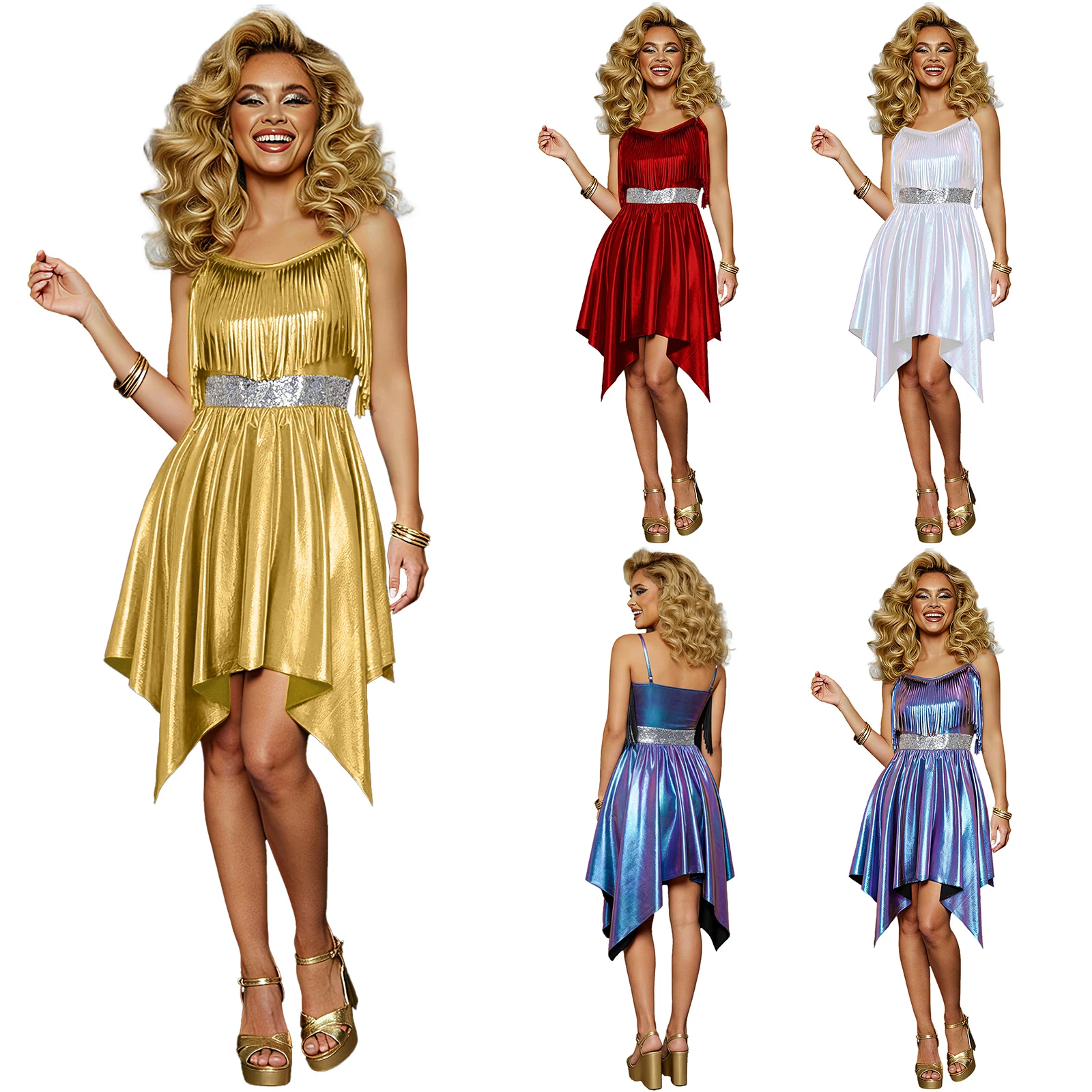 

Women 70-80s Disco Dance Dress Halloween Carnival Nightclub Costume Metallic Shiny Tassel Sequin Irregular Hem Sling Dresses