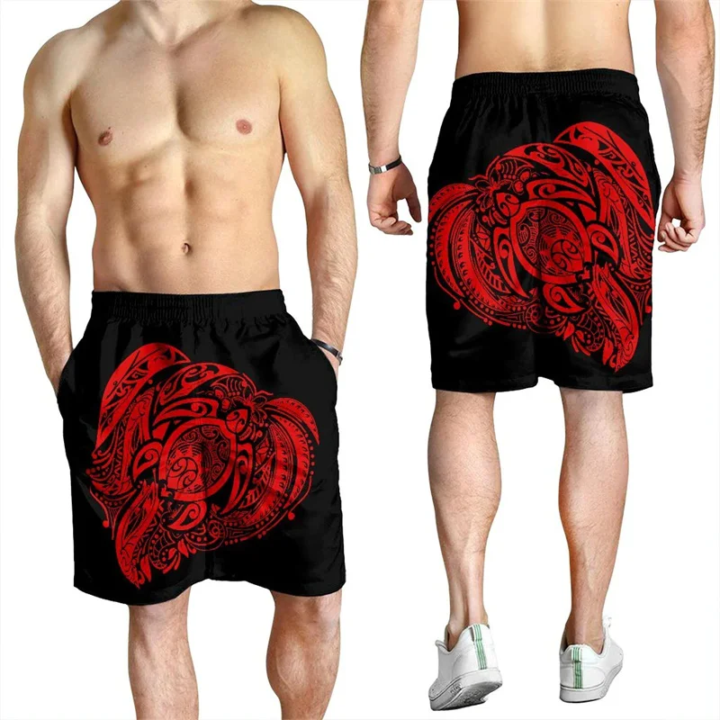 Red Turtle Men's Shorts Tiki Hawaii Beach Short Trunks Polynesian Swim Trunks Gym Ice Shorts Boy Board Short Pants Ropa Hombre