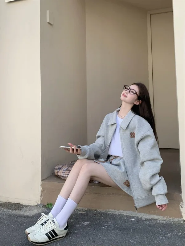 

American Style Letter Collar Sweatshirt Women's Spring New Loose Casual Two-Piece Set Small Size Matching Outfit Casual Sport...