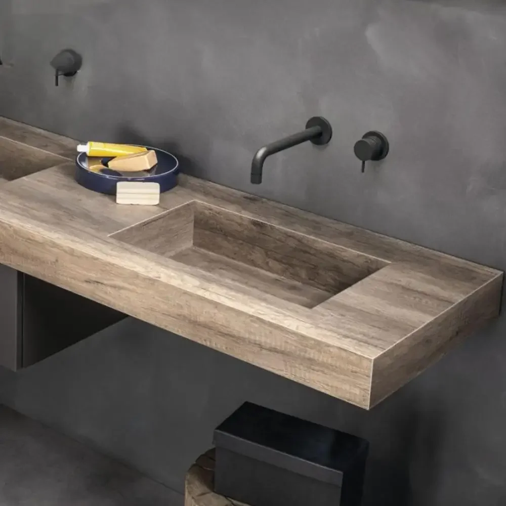 Mid-Century Wall-Mounted Double Vanity: Oak/Walnut with Marble Luxury Stone Top & Undermount Basins - Retro Bathroom