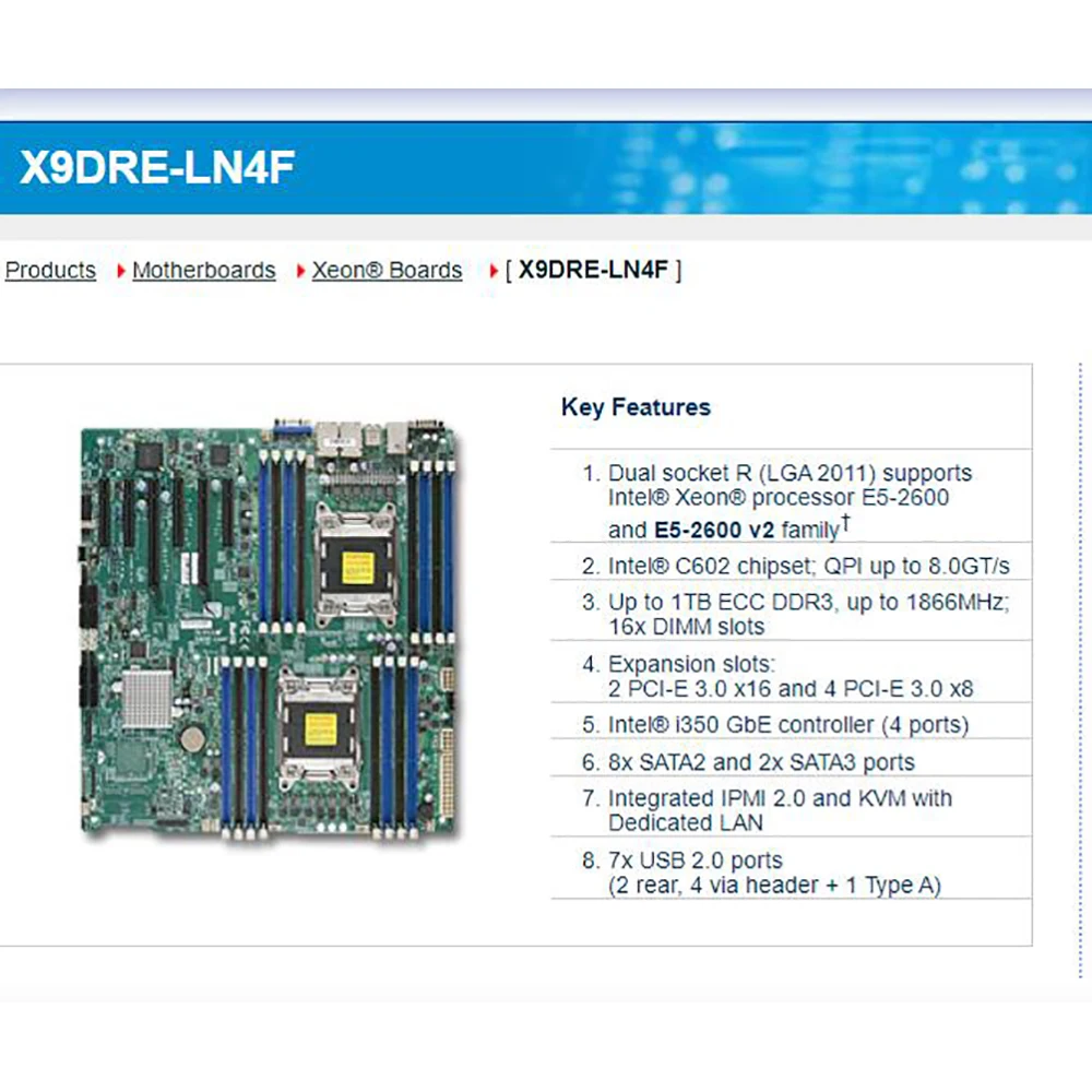 For Supermicro Server Motherboard E5-2600 Family ECC LGA2011 DDR3 8x SATA2 And 2x SATA3 Ports X9DRE-LN4F