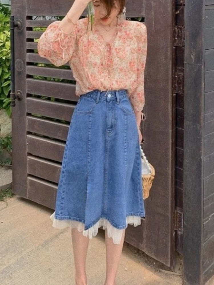 Französisch Chic Vintage A-Line Denim Rock Frauen Schlank Hohe Taille Seite Split Spitze Detail Casual Mid-Länge Rock Koreanische mode Rock