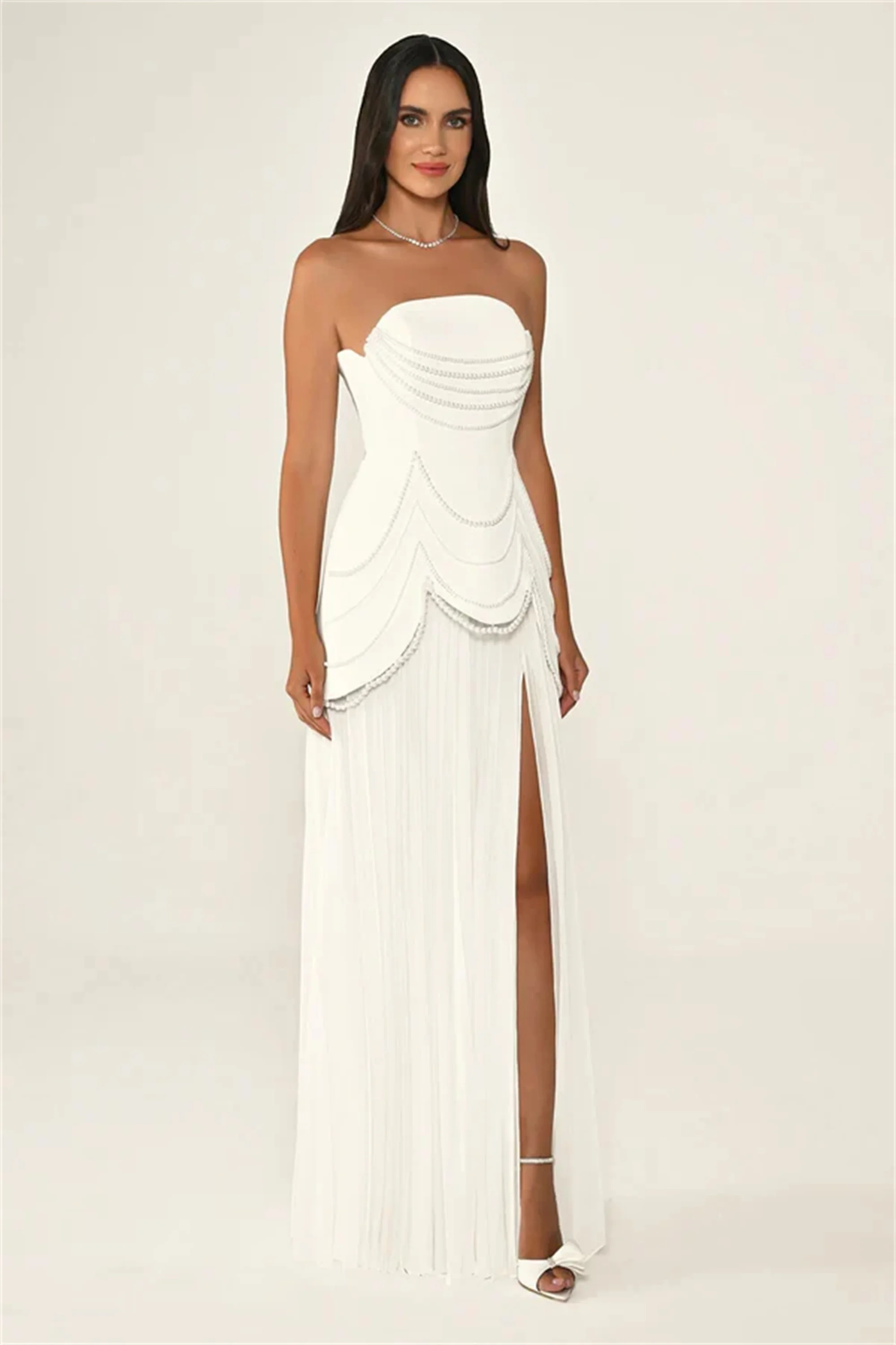 فستان سهرة أنيق رائع بدون حمالات مخصص بطيات على شكل حرف a طويل مطرز بالخرز فساتين حفلات رسمية EVON BRIDAL