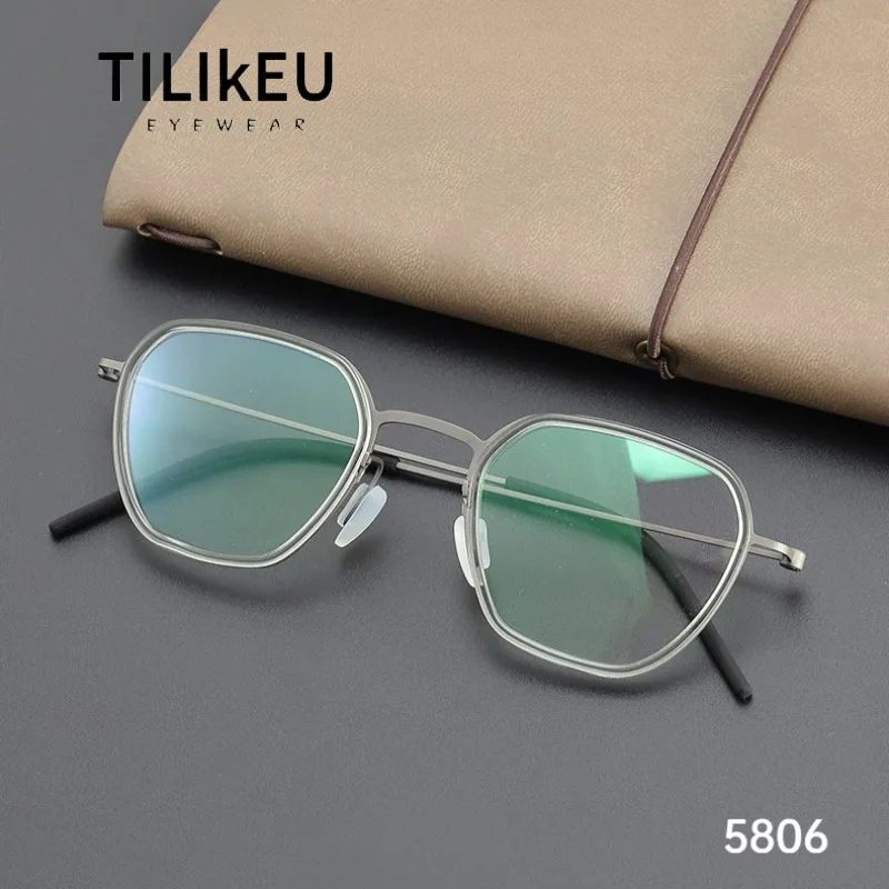 

Denmark Brand Screwless Pure Titanium Glasses Frame Men and Women Retro Polygonal Acetate Rims Small Frame Ultralight Eyeglasses