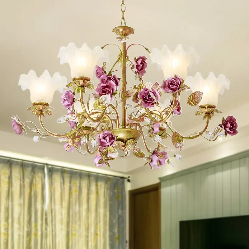 American Country Pastoral Flower Grass Chandelier Wrought Iron Retro Pendant Light for Living Room Dining Room Bedroom Decor