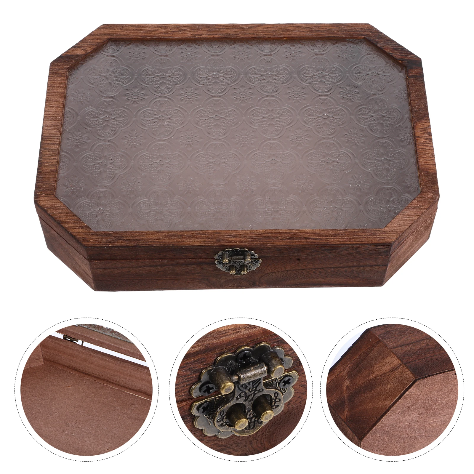 

Retro Floral Carving Wooden Storage Cabinet With Drawers Glass Top Multifunctional Tea Box Organizer Home Bedroom Decor