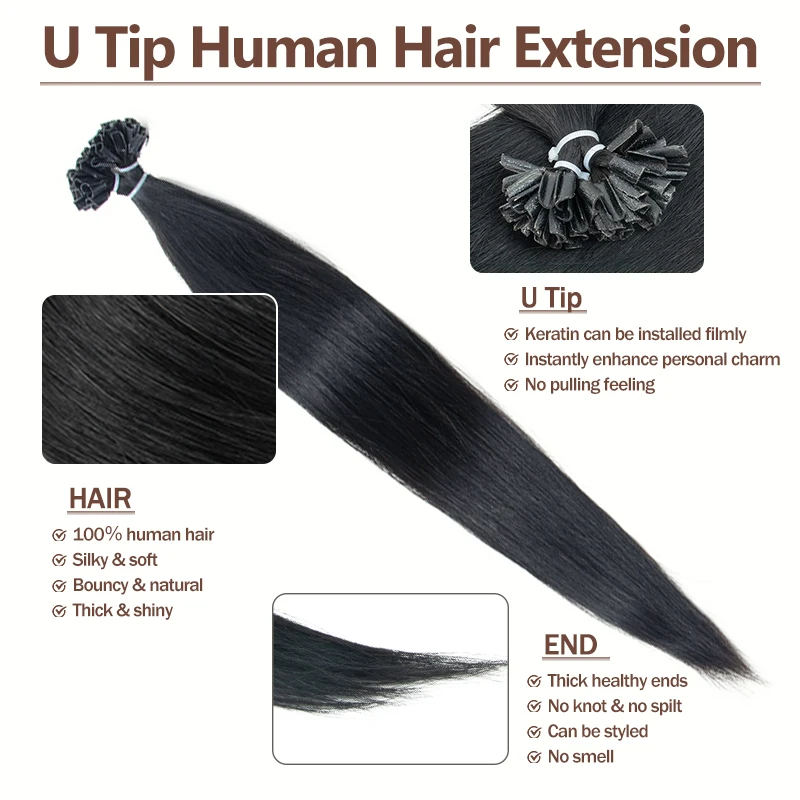U-Tip Fusion Haarverlängerungen 1,5 cm lange Keratin-Spitzen 12-20 Zoll Nagelspitzen Echthaar Glattes Haar für mehr Volumen an der Ober- und Seitenpartie für Frauen – Detail 3