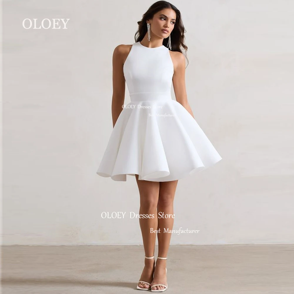 OLOEY Simple Satin Short Wedding Dresses O Neck Sleeveless Backless Bridal Gowns Zipper Back A Line Custom Made Bow Ribbon