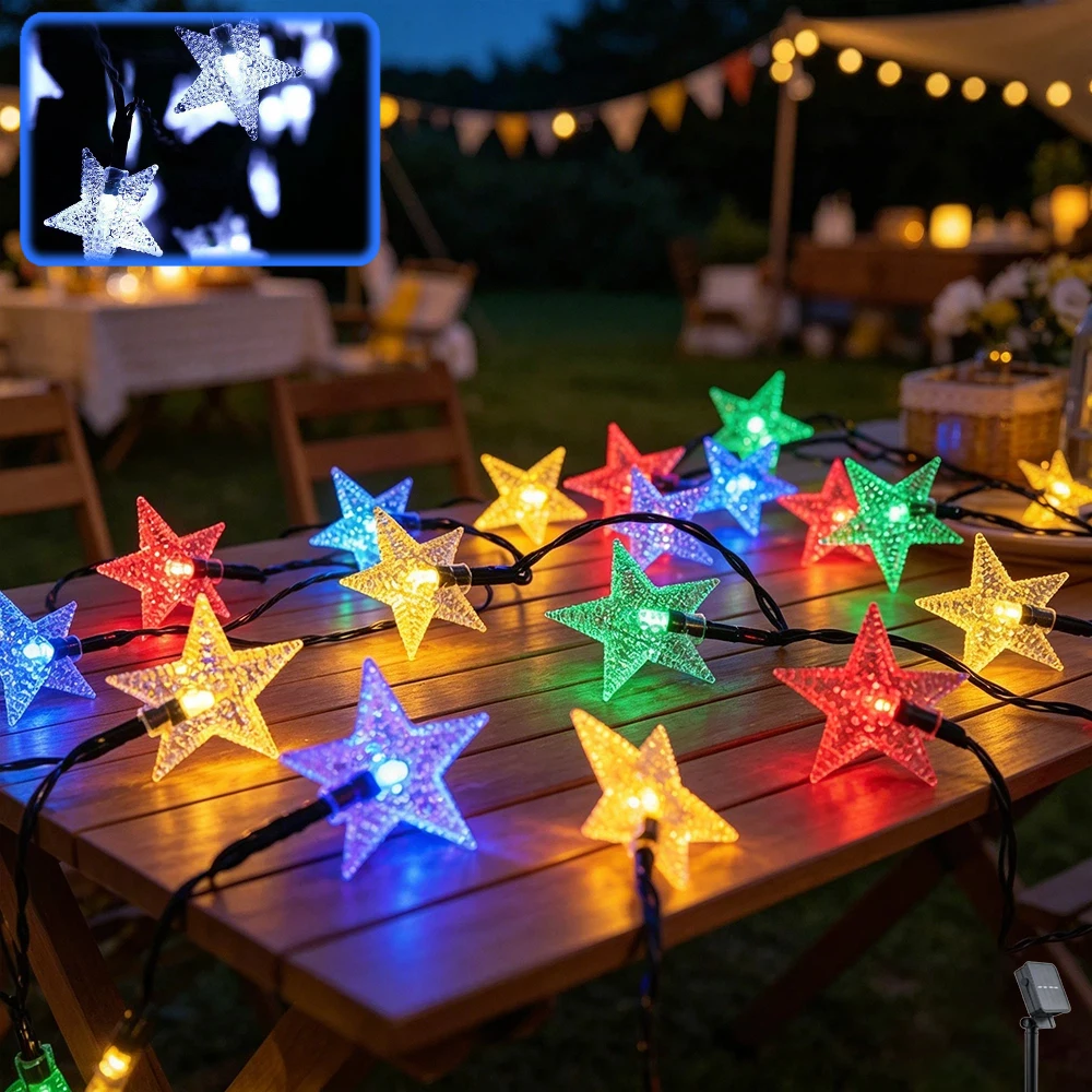 Solar Star Light String, 20LEDs, 8 Lighting Modes, LED Colorful Light String, Courtyard Garden, Wedding and Festival Decoration