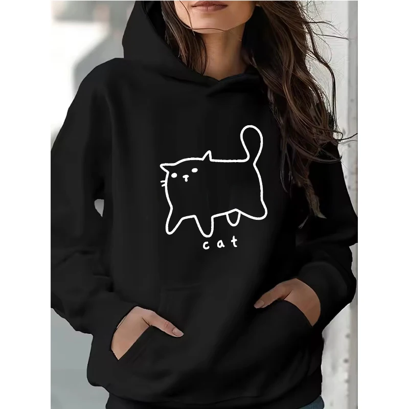 لطيف القط طباعة هوديس تنوعا الرباط الكنغر جيب هودي Kawaii بلوزات المرأة الكورية نمط البلوفرات الملابس #1