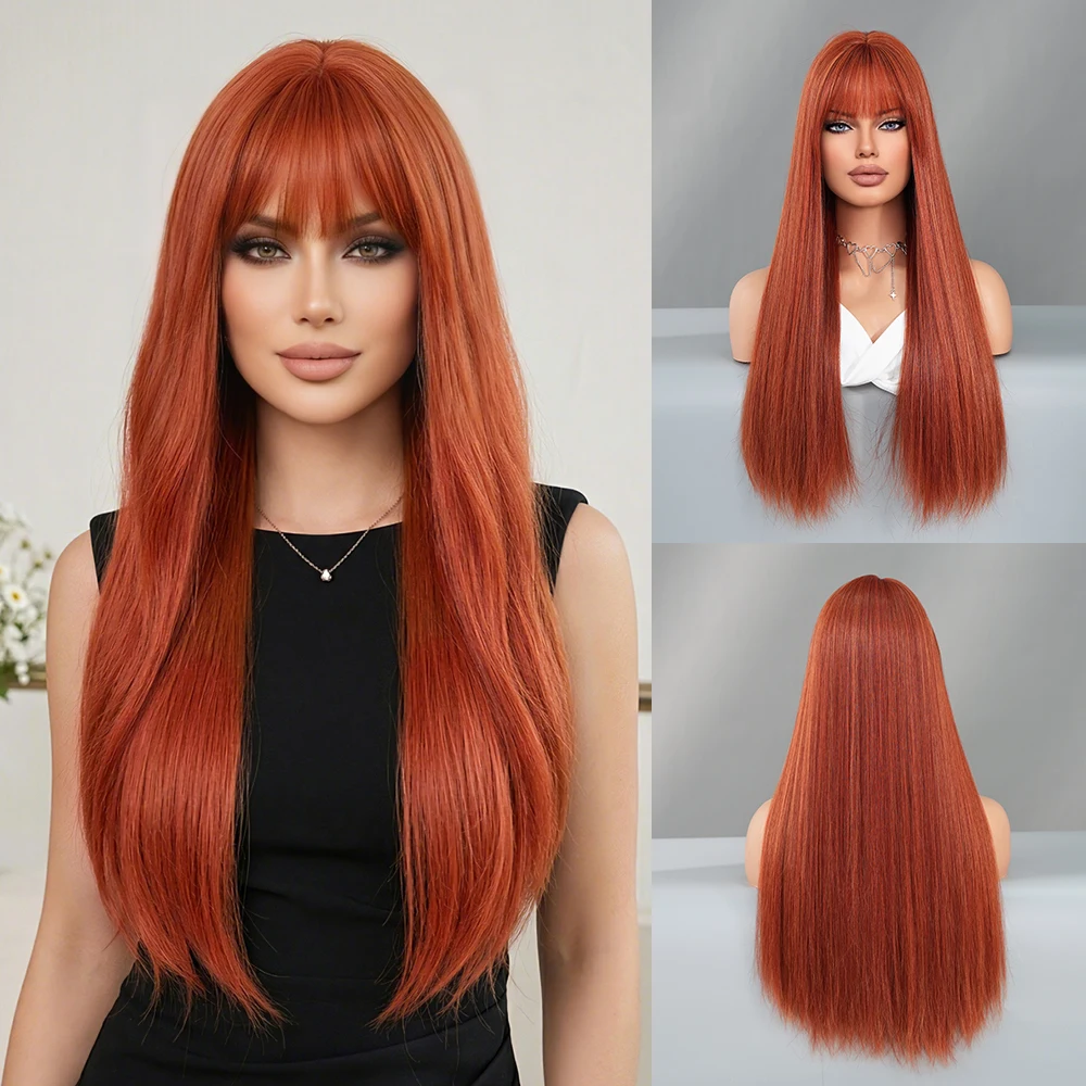 

26 Inch Long Straight Ginger Red Wigs with Bangs Glueless Synthetic Fake Hair for Women Heat Resistant Daily Cosplay