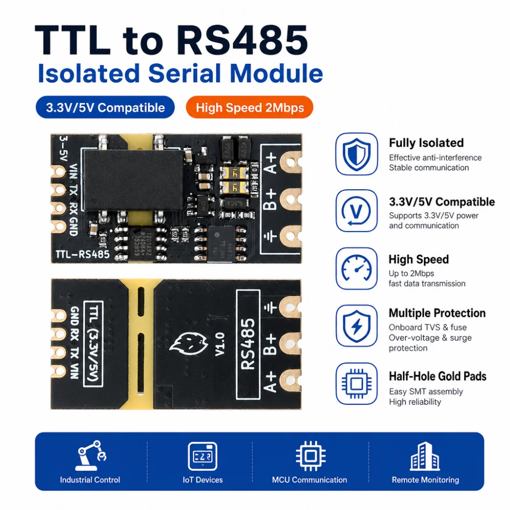 DC 3.3V/5V Isolated TTL to RS485 Level Module Serial Port Auto-Reversing High-Speed 2Mbps Module