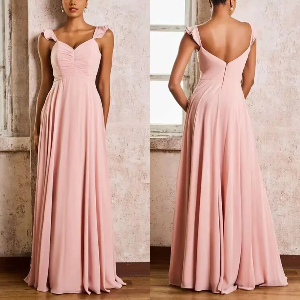 

High Quality Customized Floor Length V-neck Sleeveless Pink Backless Luxury Evening Dress Robe De Soirée Femme Chic فساتين حفلات