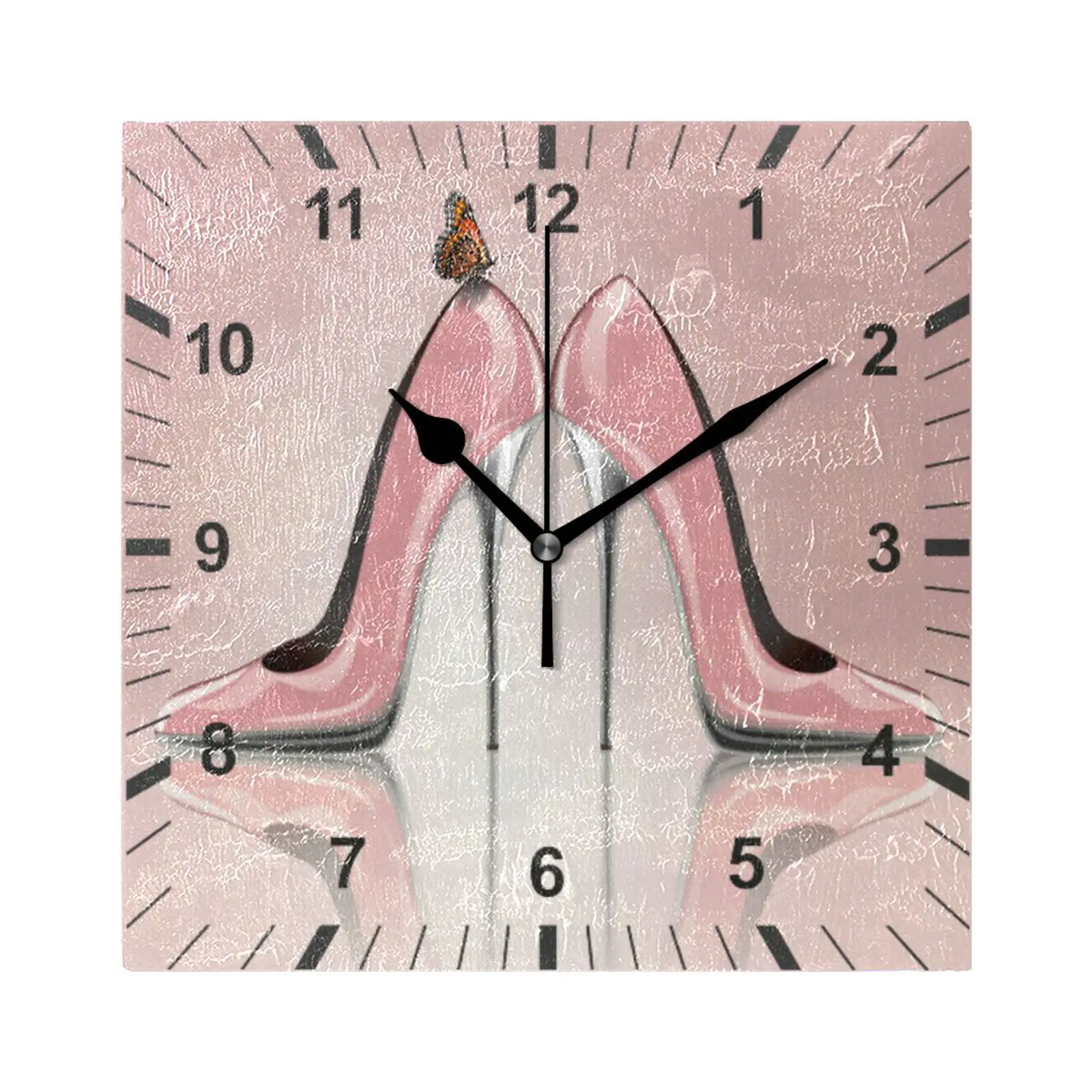 Pink High Heel Shoes Butterfly Print Square Wall Clock Quiet Battery Operated Hanging Watch Silent Non-Ticking Home Decor Clock