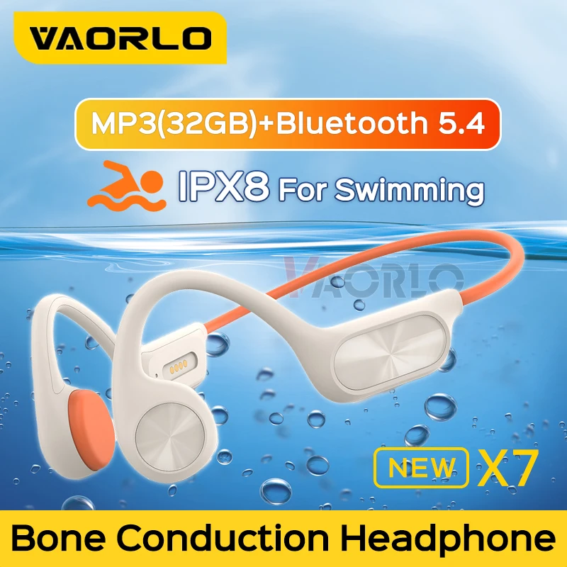 

VAORLO Wireless Bone Conduction Headphone IPX8 Waterproof 32GB RAM Bluetooth 5.4 Swimming Headset With Mic For Exercise Fitness