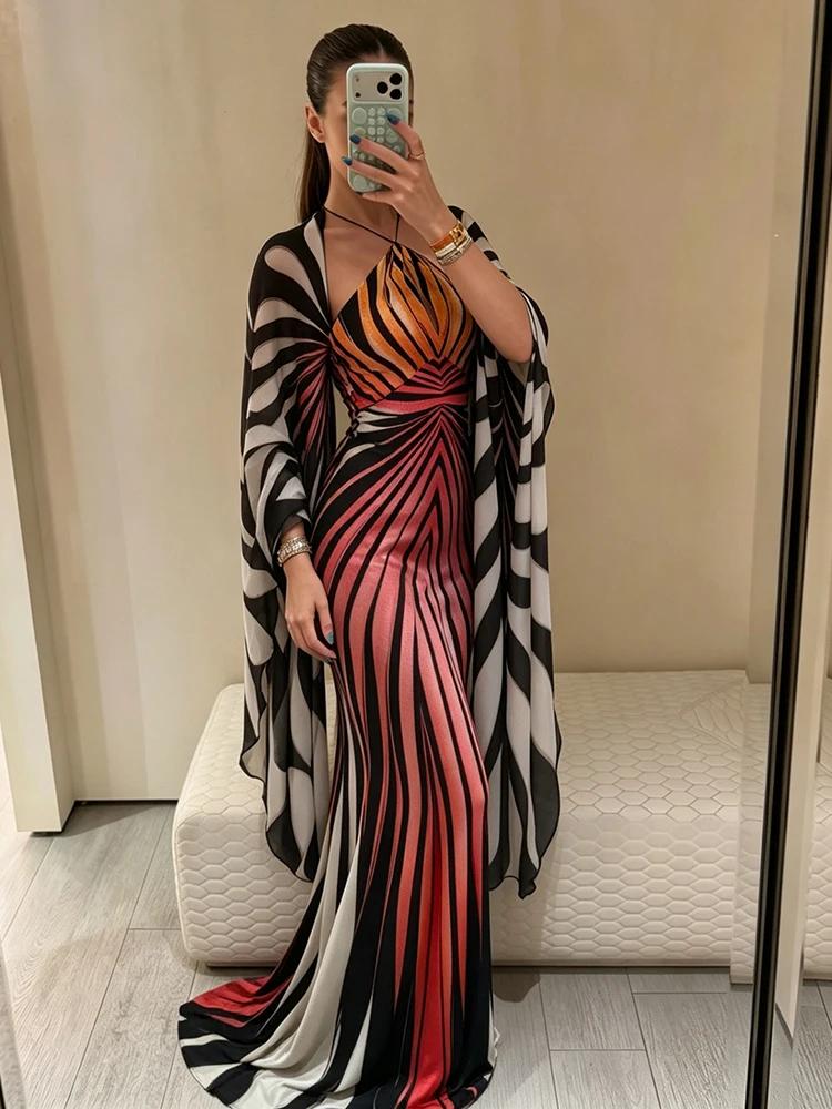 Weird Puss Buntes gestreiftes langes Kleid für Damen, mit Schnürung, Neckholder, rückenfrei, Fledermausärmel, Mitternachts-Abendkleid, Partykleid, gerafft, elegantes Vestido – Detail 11