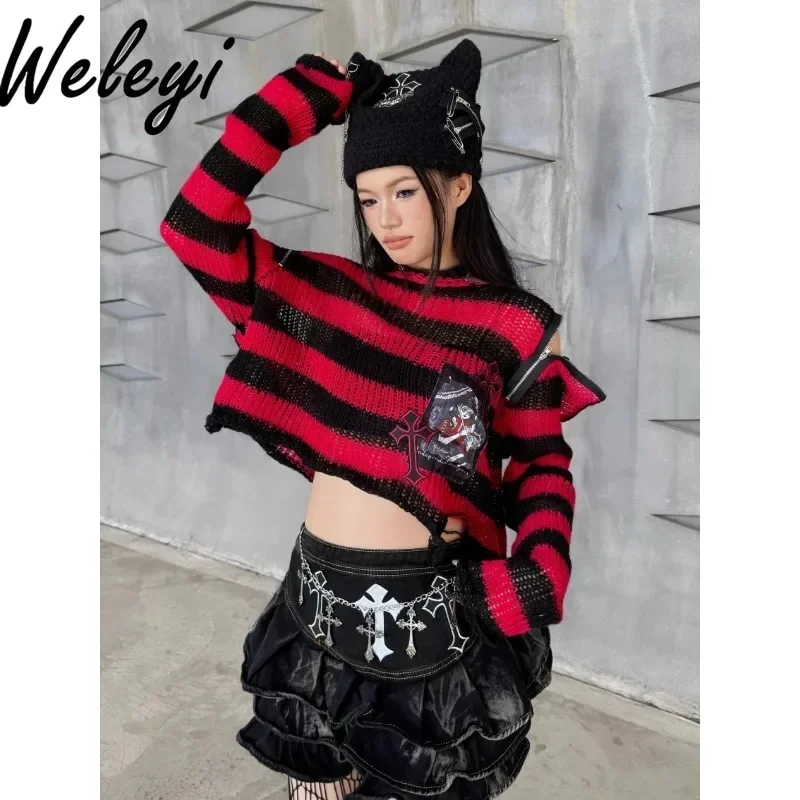 

Original Dark Off-the-shoulder Striped Knitted Sweater Female Autumn Punk Subculture Short Long Sleeve Pullover Knitwear Women