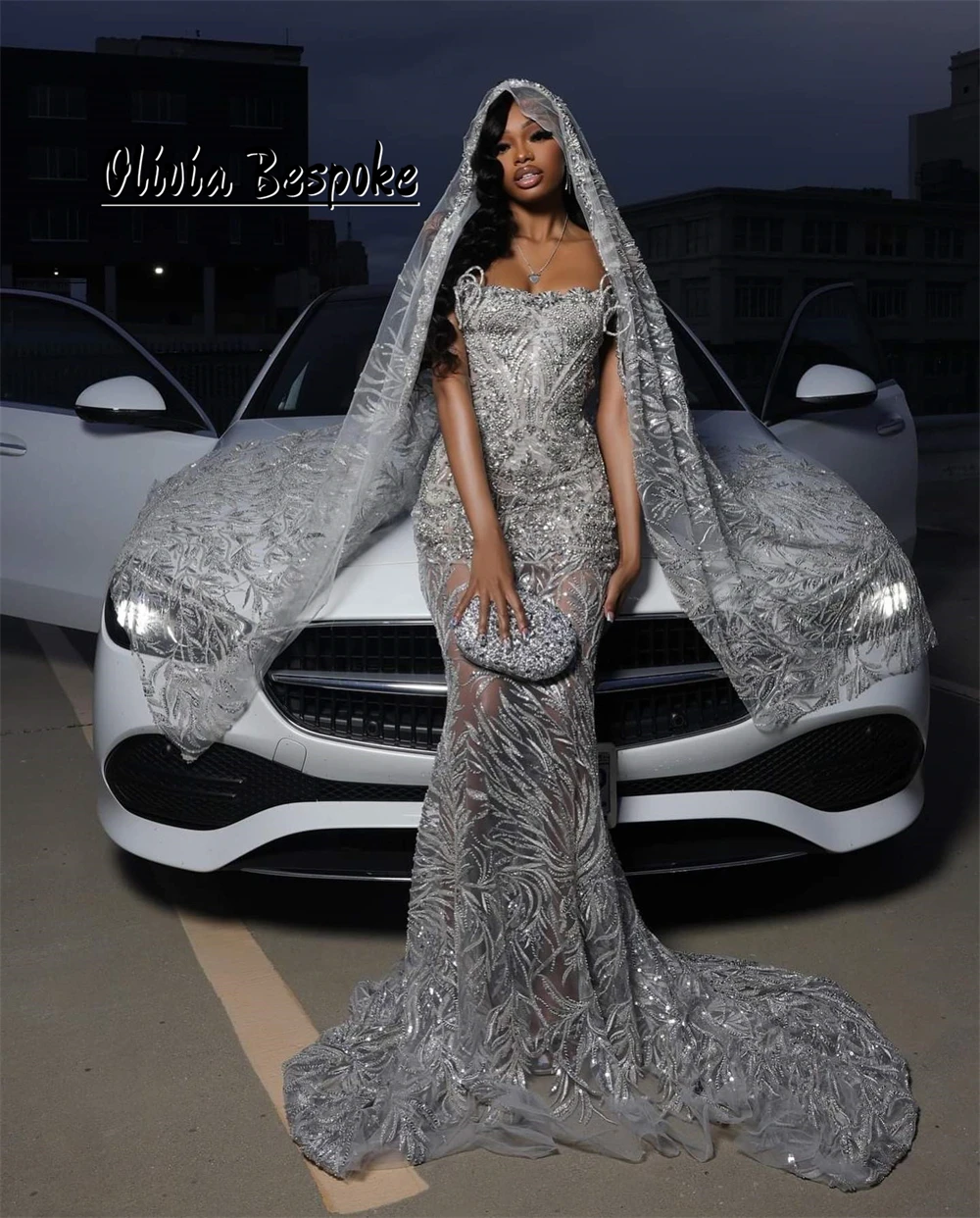 

Sparkle Silver Beads Strapless Evening Dress With Headscarf Mermaid Aso Ebi Formal Party Dress African Wedding Guest Customized
