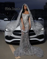 Sparkle Silver Beads Strapless Evening Dress With Headscarf Mermaid Aso Ebi Formal Party Dress African Wedding Guest Customized