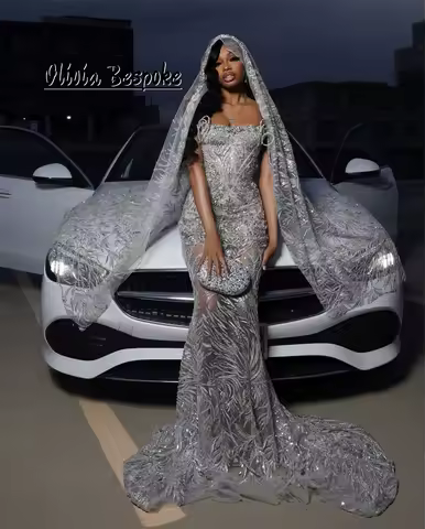 Sparkle Silver Beads Strapless Evening Dress With Headscarf Mermaid Aso Ebi Formal Party Dress African Wedding Guest Customized