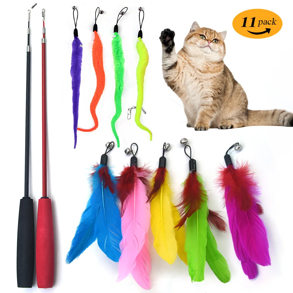 Funny Cat Interactive Toys  Feather Teaser Stick Retractable Three Section Fishing Rod Colorful Plush With Bells Pet Supplies