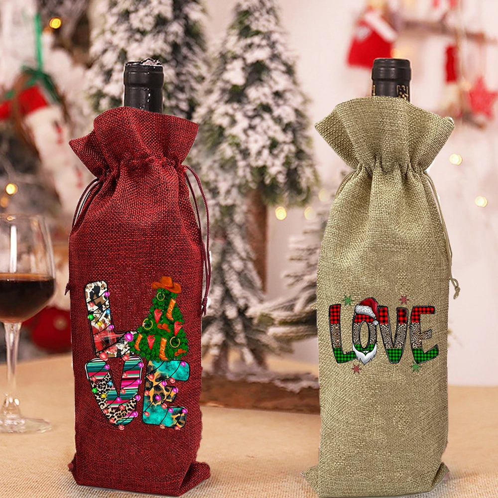 Love christmas tree print wine bottle bag dust cover burlap package bottle party table decoration Holiday gifts for wine lovers