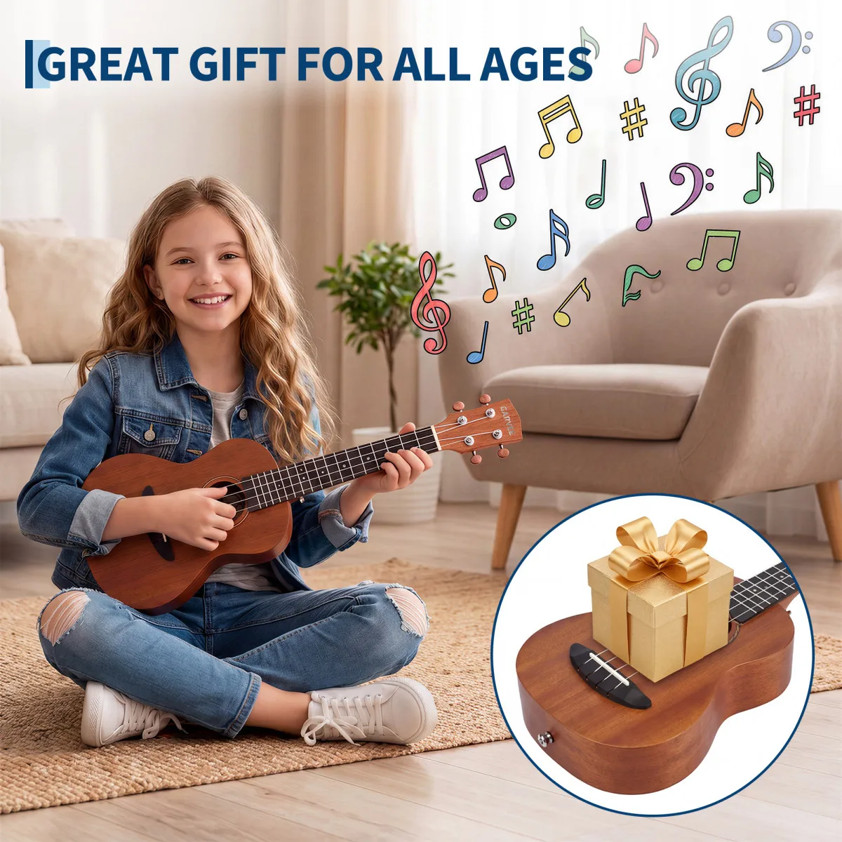 Beginner Soprano Ukulele Kit 21" with Gig Bag, Strap, Tuner, Nylon Strings & Picks – Mahogany-Style Plywood Body, Gloss Finish, Easy-to-Learn 4-String Instrument for Kids & Adults