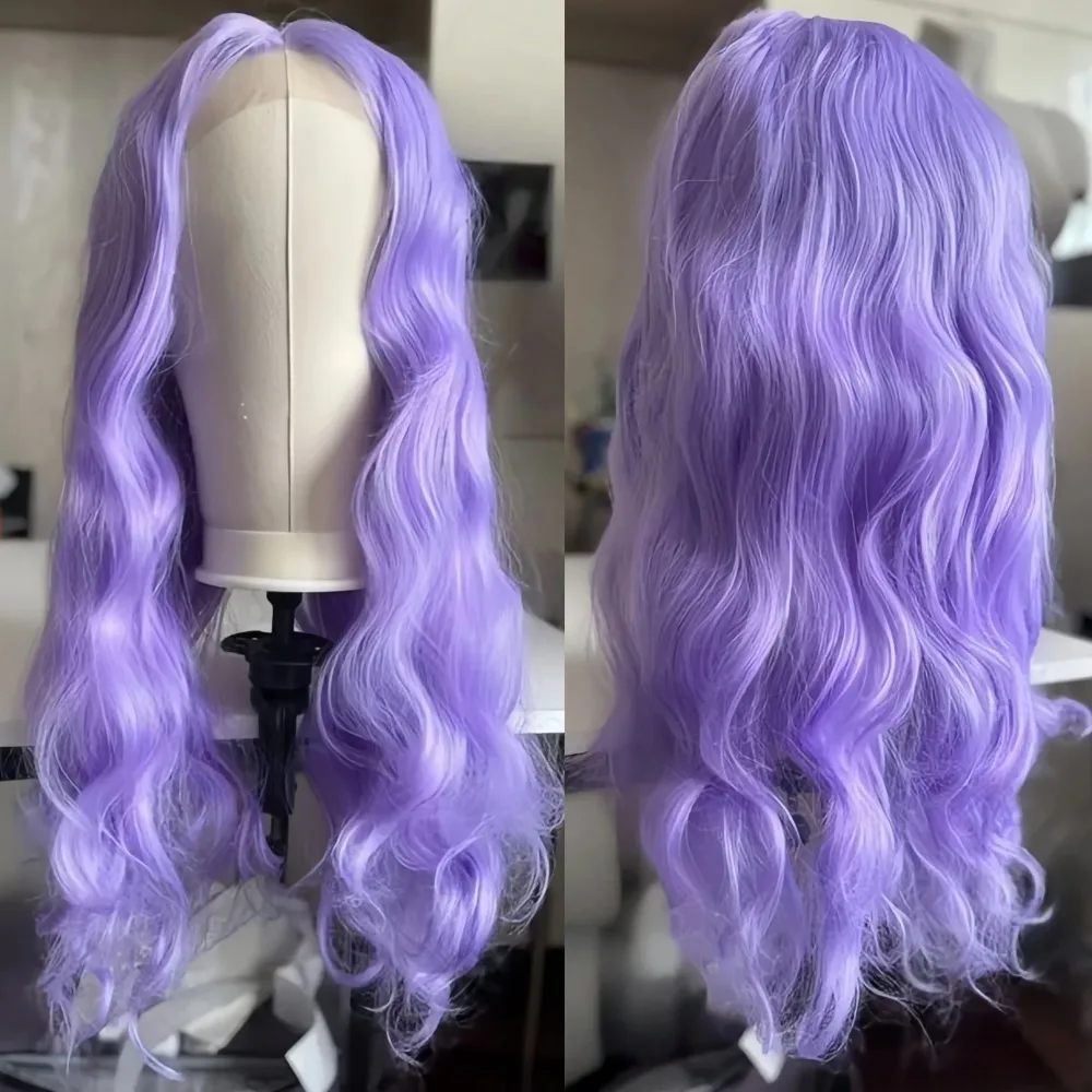 Lavender Purple Long Body Wave Synthetic Wigs 13×4 Hd Lace Frontal Glueless Wig Heat-resistant wig For Women Cosplay 30 32  Inch