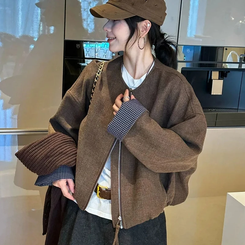 Vintage Plaid Women Jacket Spring Fall Loose Casual Zipper Streetwear Coats Simple Office Lady Long Sleeve Baggy O Neck Outwear