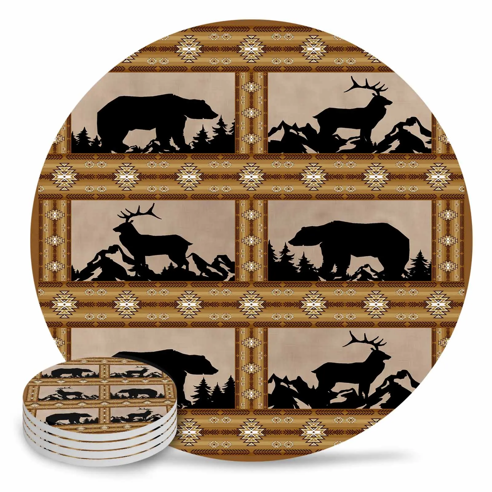 Geometric Pattern Of Bear Deer Round Coaster Coffee Table Mats Kitchen Accessories Absorbent Ceramic Coasters