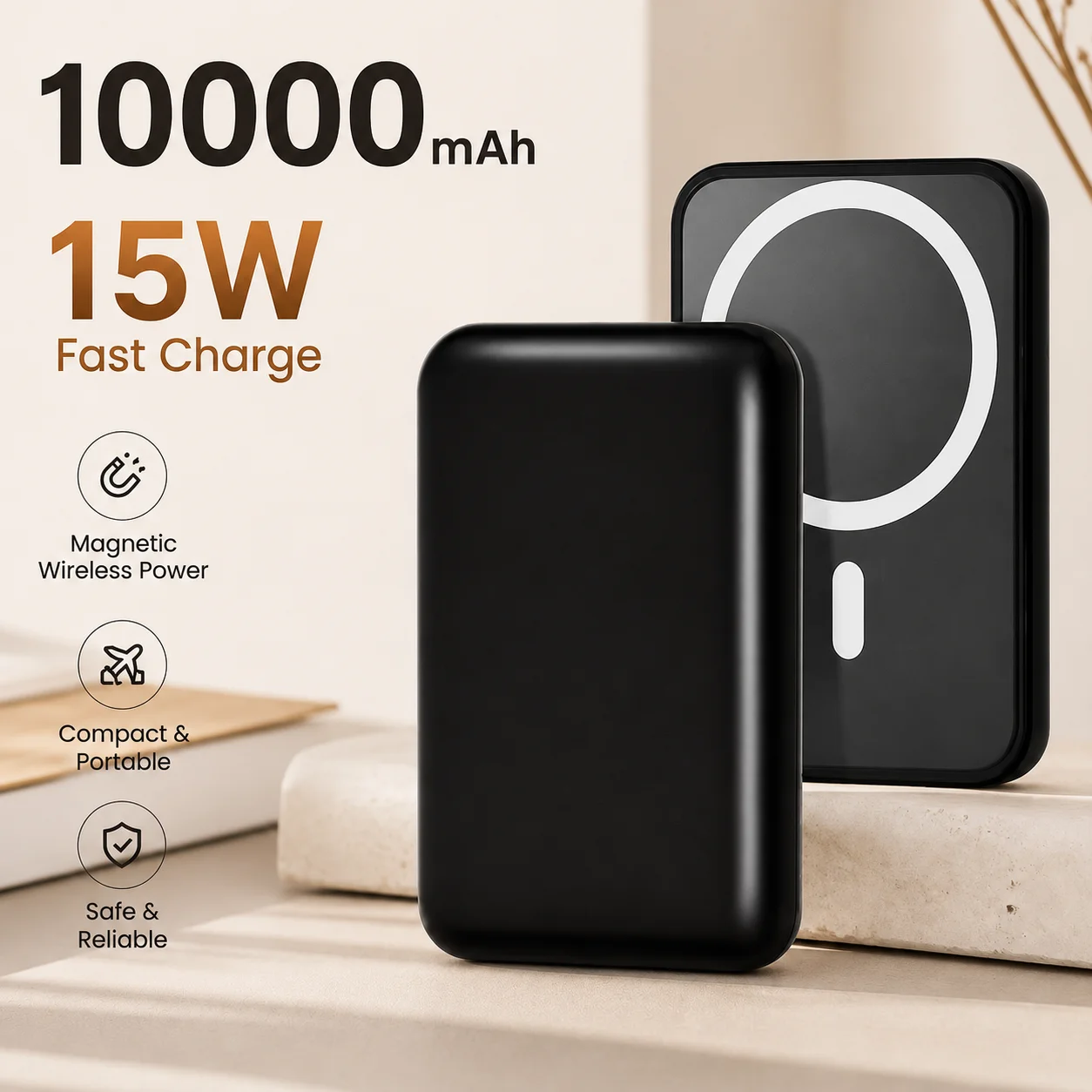 10000mAh Magnetic Power Bank 15W Qi Wireless Charging Portable Charger External Battery Pack for Smartphones