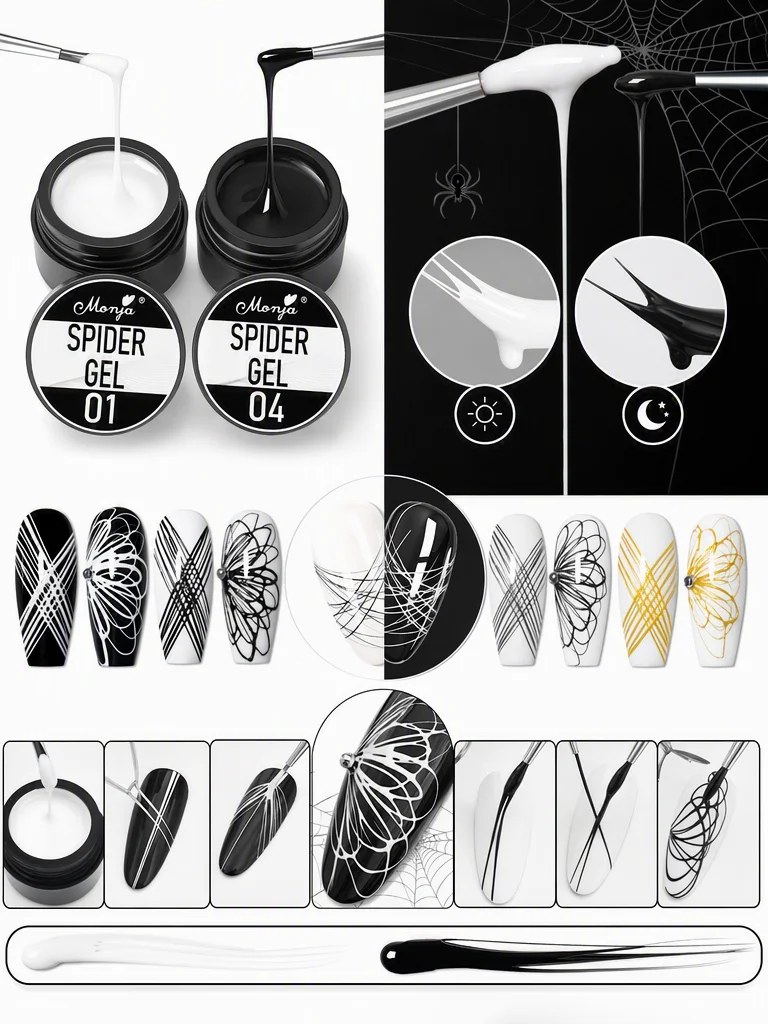 1/2 Packung Spider Gel für Nagelkunst - Elastisches Zeichengel, ablösbar/LED-härtbar, hypoallergen, gestreiftes Linien-Design