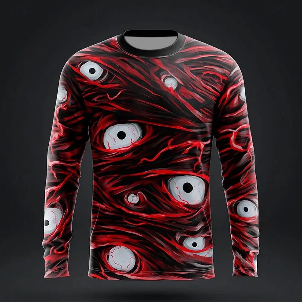 Men Long‑Sleeve T‑Shirt,3D Horror Monster Mouth Eyeball Print,Crew Neck Halloween Party Tops
