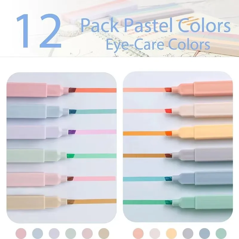 12Colors Highlighters Cute Pastel Pens Bible Pens No Bleed with Soft Tip Aesthetics Pens Markers Kawaii Stationary for Students
