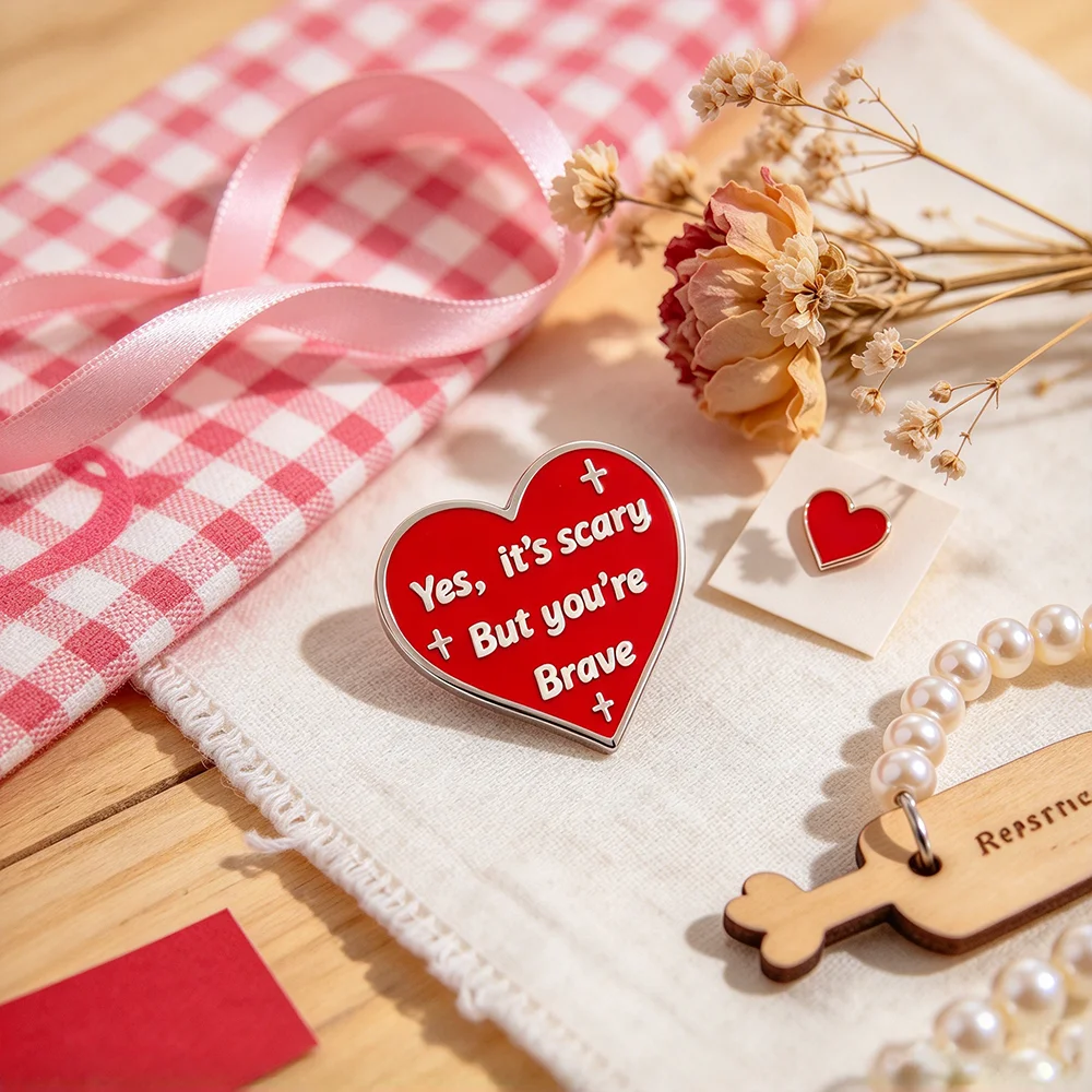 Red Heart Enamel Pin Yes It's Scary But You're Brave Inspirational Quote Lapel Brooch Mental Health Badge Backpack Jewelry Gift