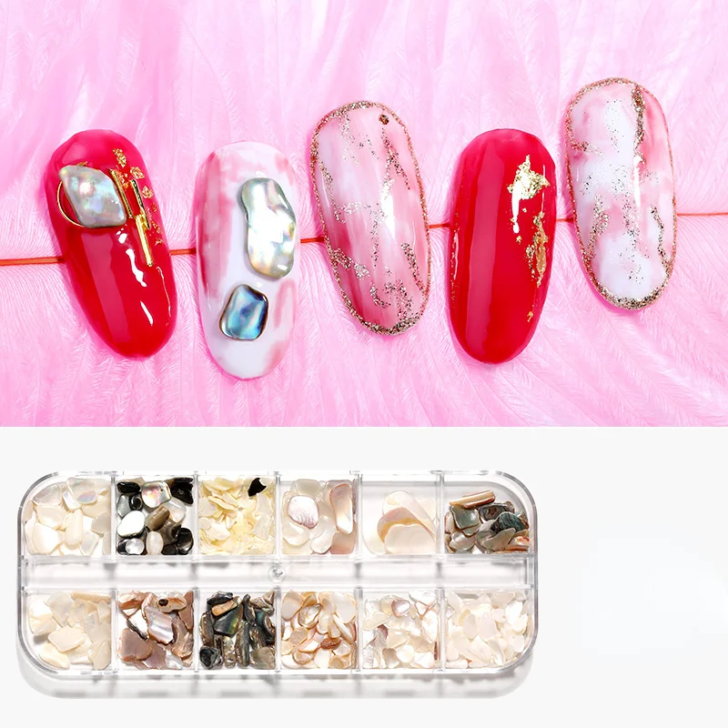 Piezas de concha para decoración de uñas, mezcla de 12 colores, fragmentos de abulón ultrafinos en caja, calcomanías de piedra de concha, herramientas profesionales para decoración de uñas