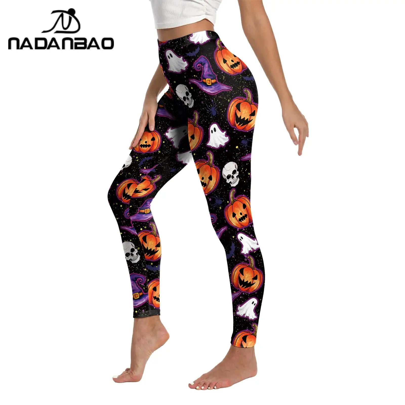 Nadanbao Pumpkin Skull Print  Women's Leggings Halloween Funny Party Trousers Summer Sexy Mid Waist Pants Casual Workout Bottoms - view 6