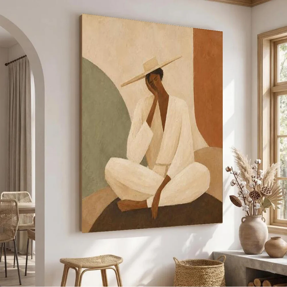 Abstract Oil Painting on Canvas - the Thinking Girl 100% Handmade Figure Wall Art Picture for Home Living Room Decor Image Mural