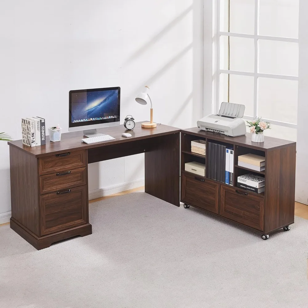 

"Large L-Shaped Executive Desk with 40" Adjustable File Cabinet and Farmhouse Style Home Office Desk Including Charging Station"