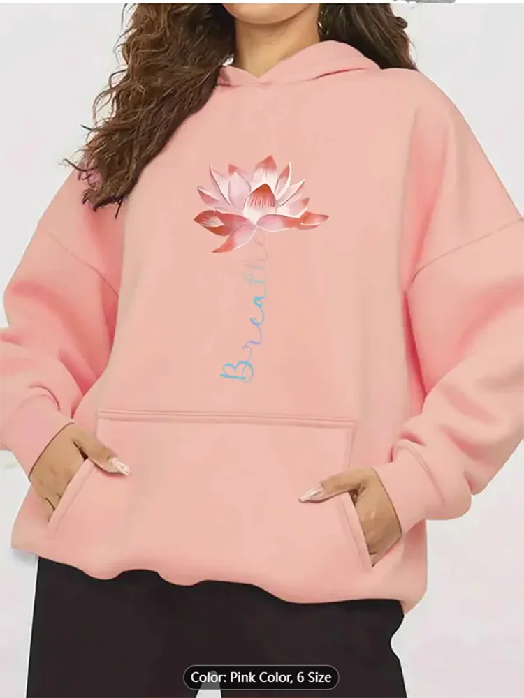 Womens Hoodie Lotus Breath Graphic Print Casual Oversized Drawstring Hooded Sweatshirt for Spiritual Style Lovers Pure Cotton
