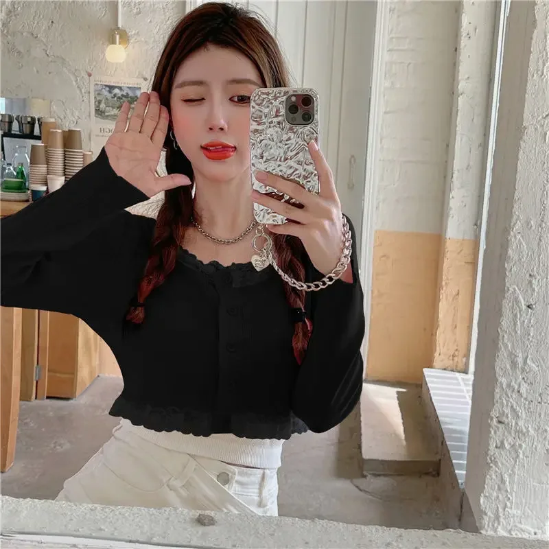 2022 New Korean Version Fashion Long-sleeved Thin Sweater Women Sweet Cute Japanese Kawaii Lace Single-breasted Short Top