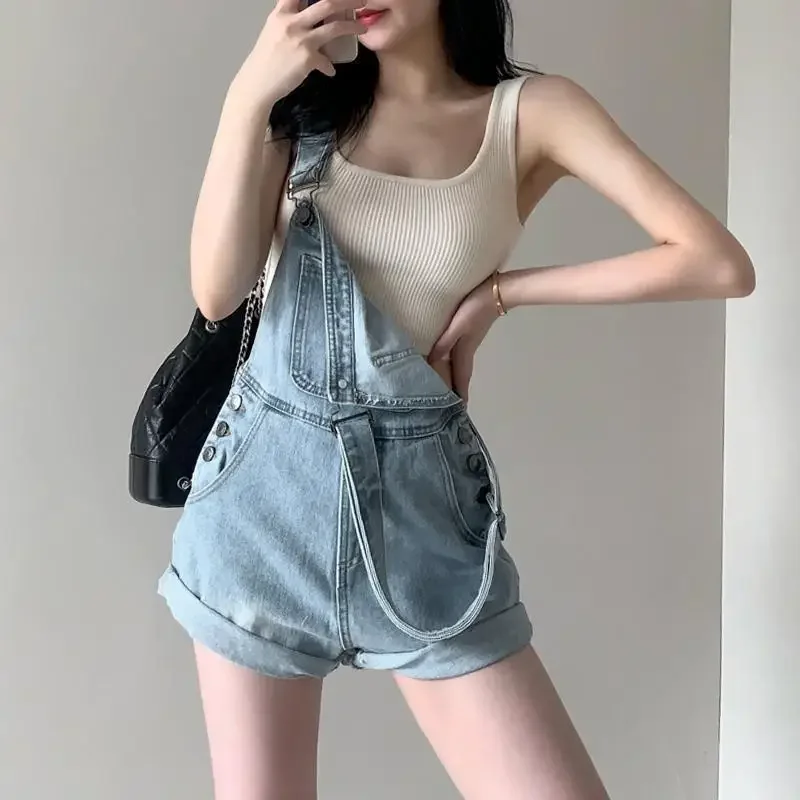 Rompers Women Distressed Denim Summer Leisure Preppy Style Chic Ulzzang Retro Buttons Harajuku 2023 Design Personality Playsuits