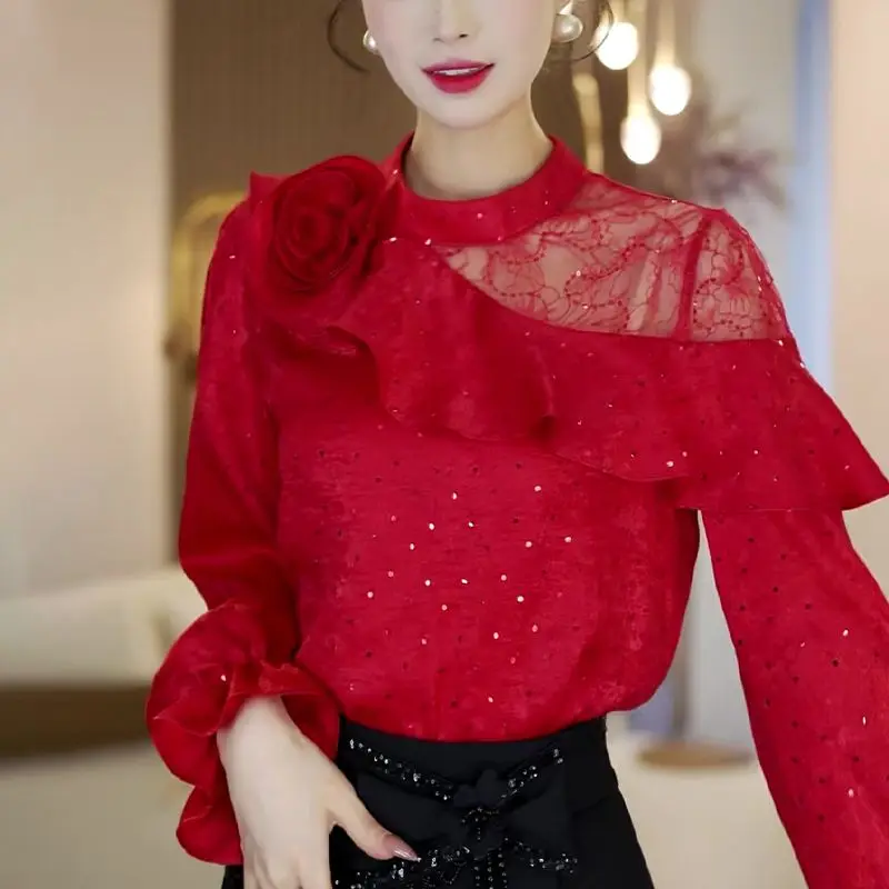 2025 spring new French red three-dimensional flower ruffle shirt women's lace hollow splicing sequined shirt