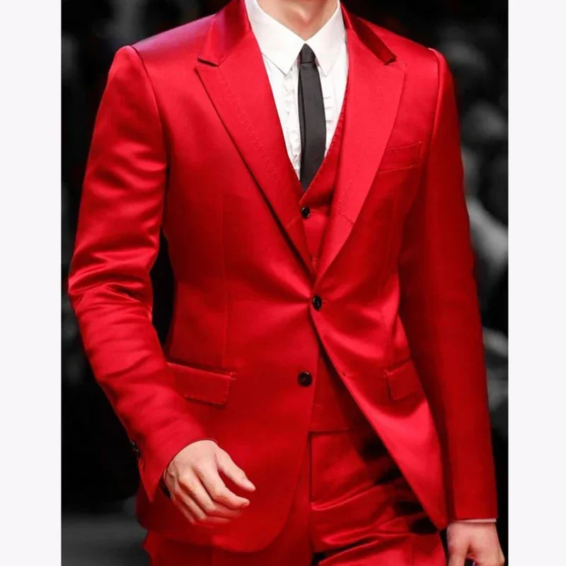 Red Mens Prom Suits For Party Dinner Wedding Groom Tuxedo Slim Fit Groomsmen Fashion Peaked Blazer (Jacket+Pants+Vest)