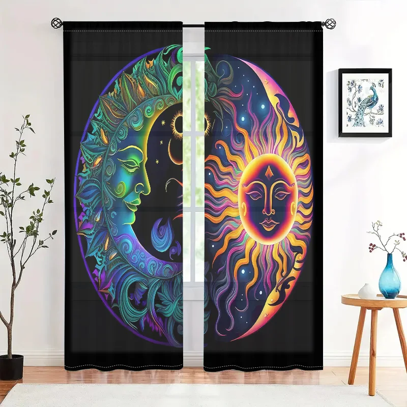 

2 pieces, semi transparent curtains with sun and moon patterns - easy to hang - used for living room, bedroom, home decoration
