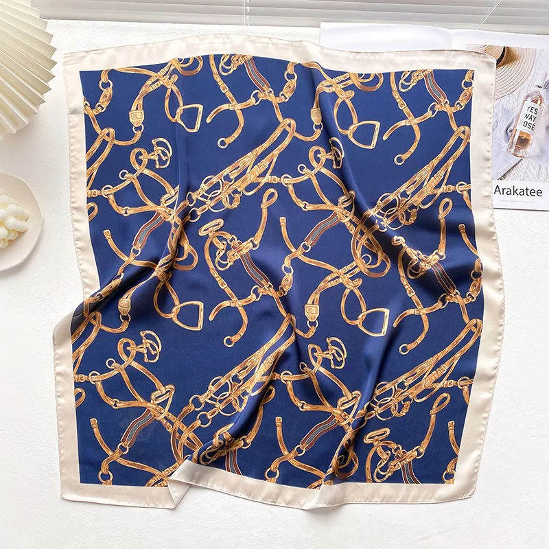 1pcs 70cm Stirrup Chain Printed Silk Scarf Women Imitation Silk Trendy Temperament Headwear Bag Decoration Clothing Square Scarf