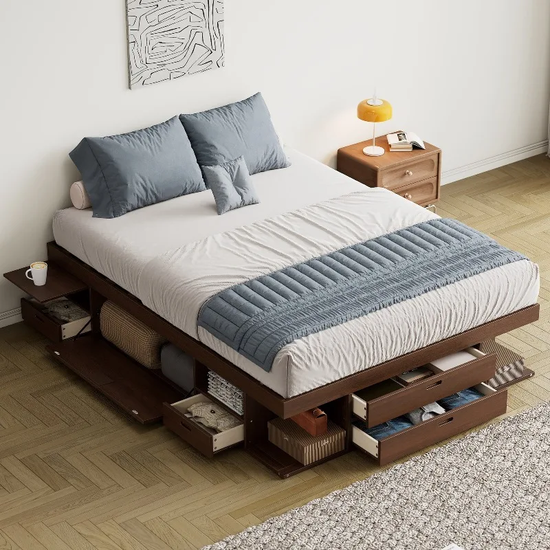 

Storage platform bed frame with multiple drawers and shelves in walnut