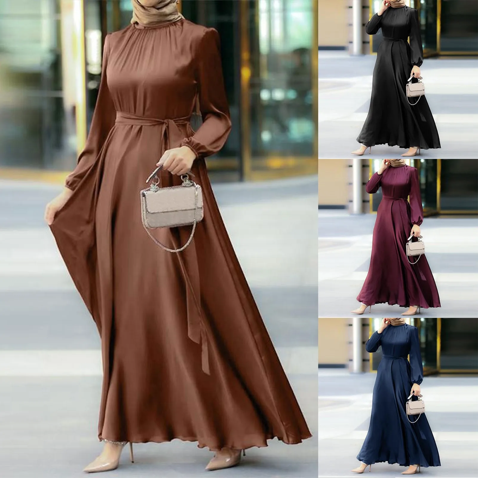 Ramadan Abaya 2024 Muslim Dubai Abaya Women\'s Solid Colour Casual Round Neck Lantern Long Sleeve Tied Waist Slim Loose Dresses